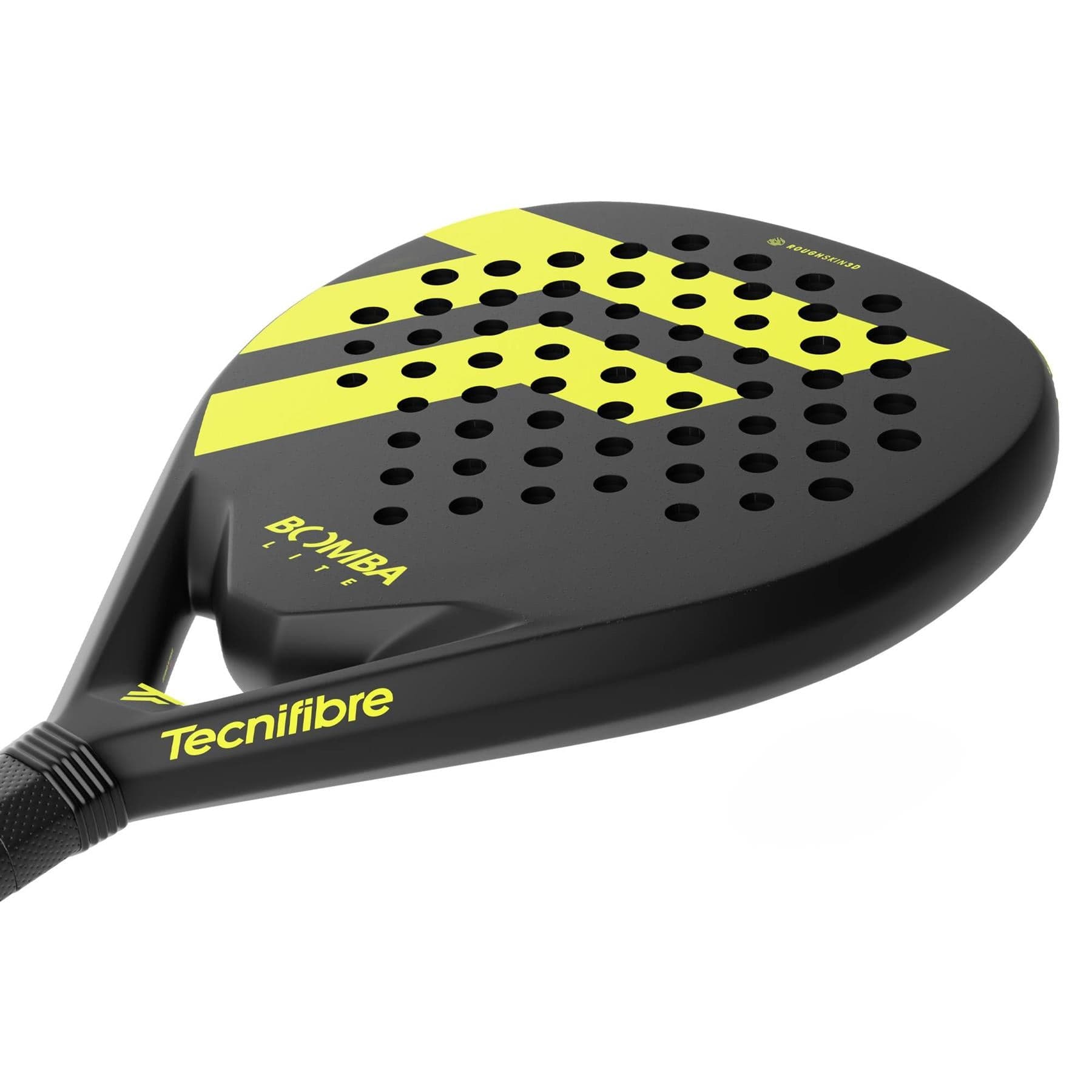 The Tecnifibre Bomba Lite Padel Racket features a black and yellow design, a fibreglass face with multiple perforations, and "BO1 MBA" plus "Tecnifibre" branding on the face and edge.