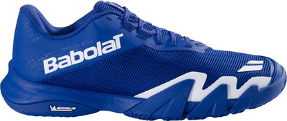 The Babolat Jet Viva Men's Padel Shoes in Marine Blue feature white accents, the iconic Babolat logo text on the side, and a Michelin logo on the sole. Crafted as one of Babolat’s lightweight padel shoes for men, they showcase textured mesh construction and a distinctive zigzag pattern above the outsole.