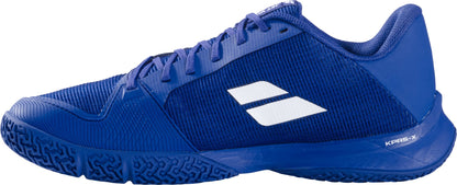 The Babolat Jet Viva Men's Padel Shoes in Marine Blue are shown in a side profile view, featuring a breathable mesh texture and a signature white Babolat logo. Engineered as one of the top lightweight padel shoes, they offer blue laces, a textured rubber sole for enhanced grip, and optimal support and performance on the court.