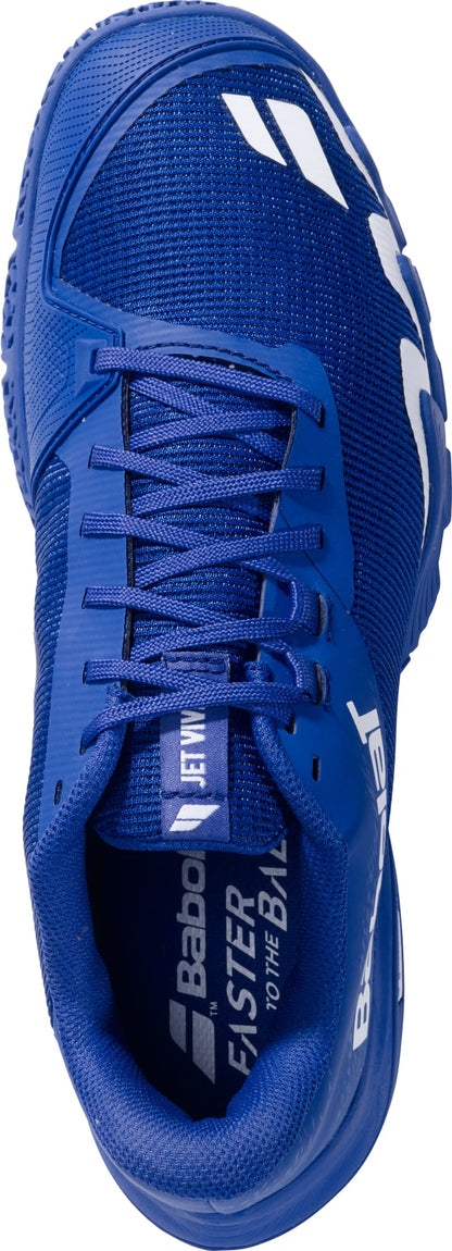 The Babolat Jet Viva Men's Padel Shoe in Marine Blue features black laces, white Babolat branding, and "Faster to the Ball" text on the insole. This lightweight men's padel shoe is shown from a top-down perspective.