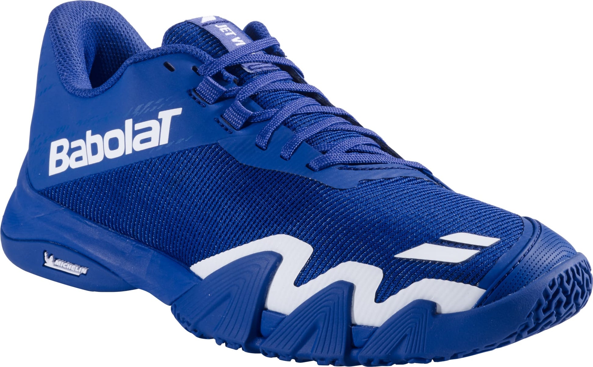 The Babolat Jet Viva Mens Padel Shoes in Marine Blue feature white accents, a breathable mesh upper, and a textured sole for optimal performance. These lightweight men's padel shoes also display the Babolat logo prominently on the side and tongue.