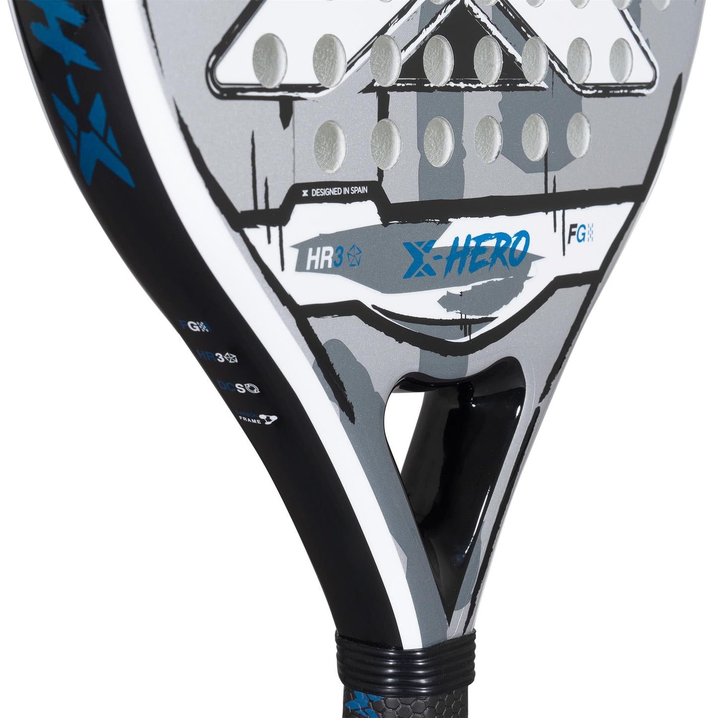 Close-up of the NOX X-Hero White Padel Racket by NOX, featuring a gray, black, and white design with "X-HERO" and "HR3" on the face, circular holes, and a partially visible grip.