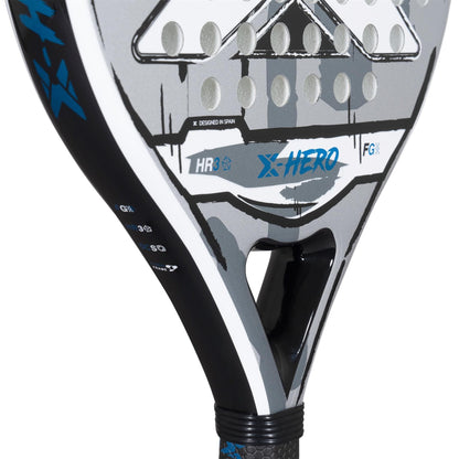 Close-up of the NOX X-Hero White Padel Racket by NOX, featuring a gray, black, and white design with "X-HERO" and "HR3" on the face, circular holes, and a partially visible grip.