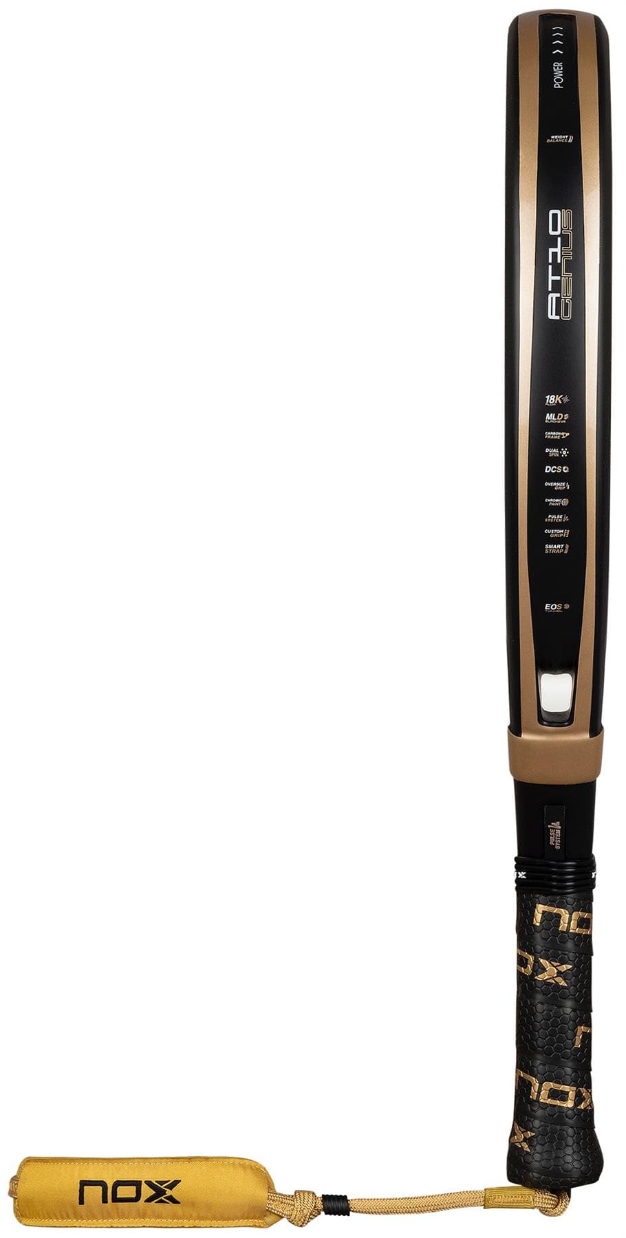 The NOX AT10 Genius 18K Alum By Agustín Tapia 2026 Padel Racket in black and gold, shown vertically with a yellow wrist strap and edge detail, features the advanced NOX Weight Balance system for optimal control.