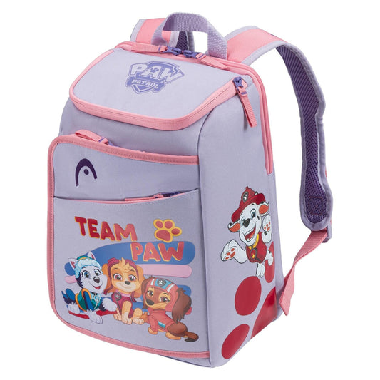 The HEAD x Paw Patrol Kids Tennis Backpack in purple features Everest, Skye, and Marshall with "TEAM PAW" text and paw prints, plus padded straps and a front zipper pocket—perfect for young fans.