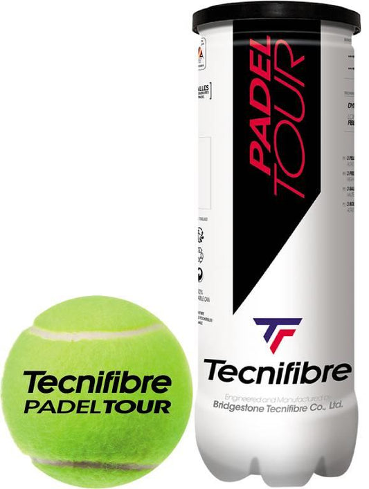 The Tecnifibre Padel Tour Padel Balls - 3 Ball Tube features a black and white can with the iconic Tecnifibre logo, alongside a vibrant green ball marked "Tecnifibre PADEL TOUR.