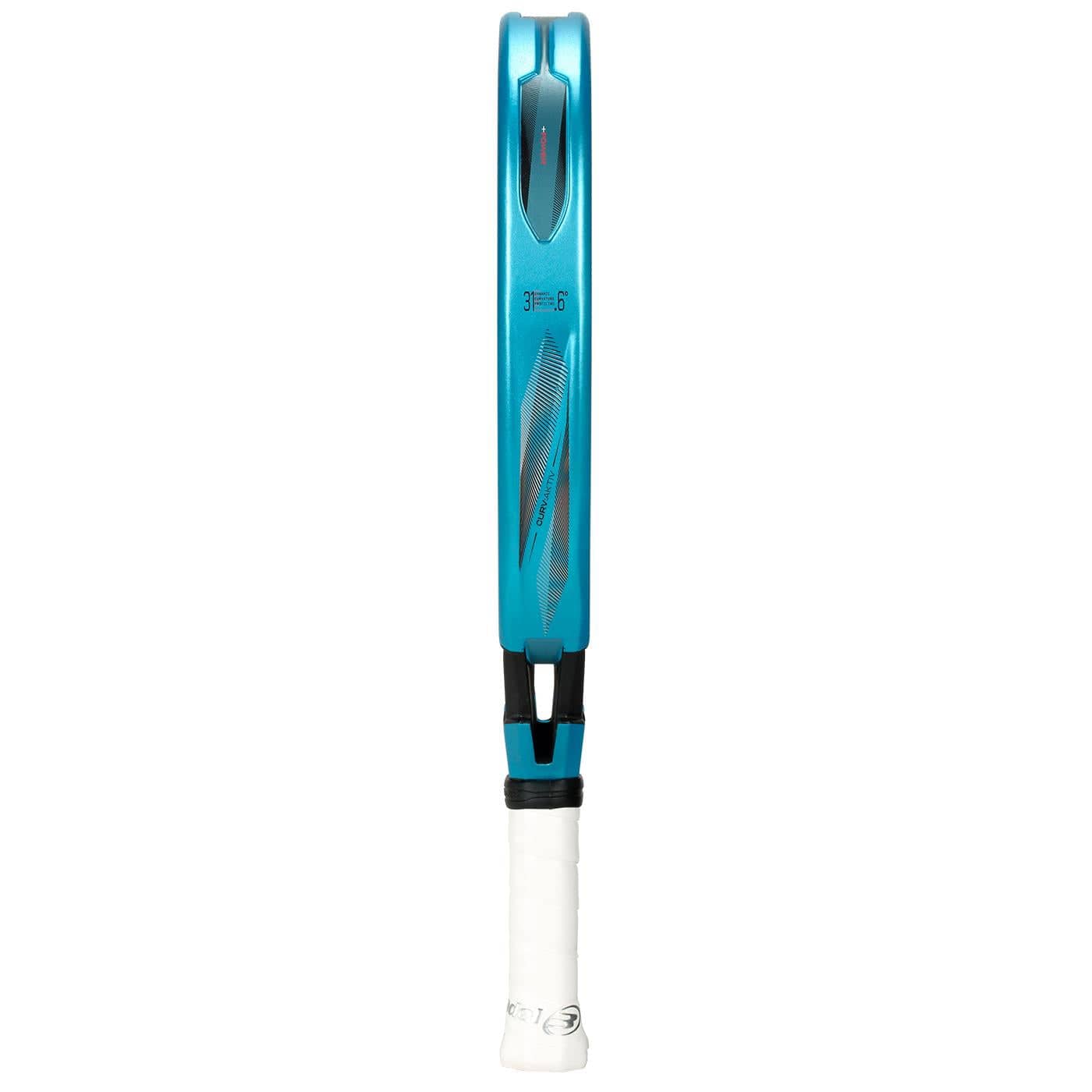 The Bullpadel Vertex 05 W 2026 Padel Racket in black and blue stands vertically on its side, showcasing a white grip and modern, stylish design inspired by Bullpadel’s sleek craftsmanship.