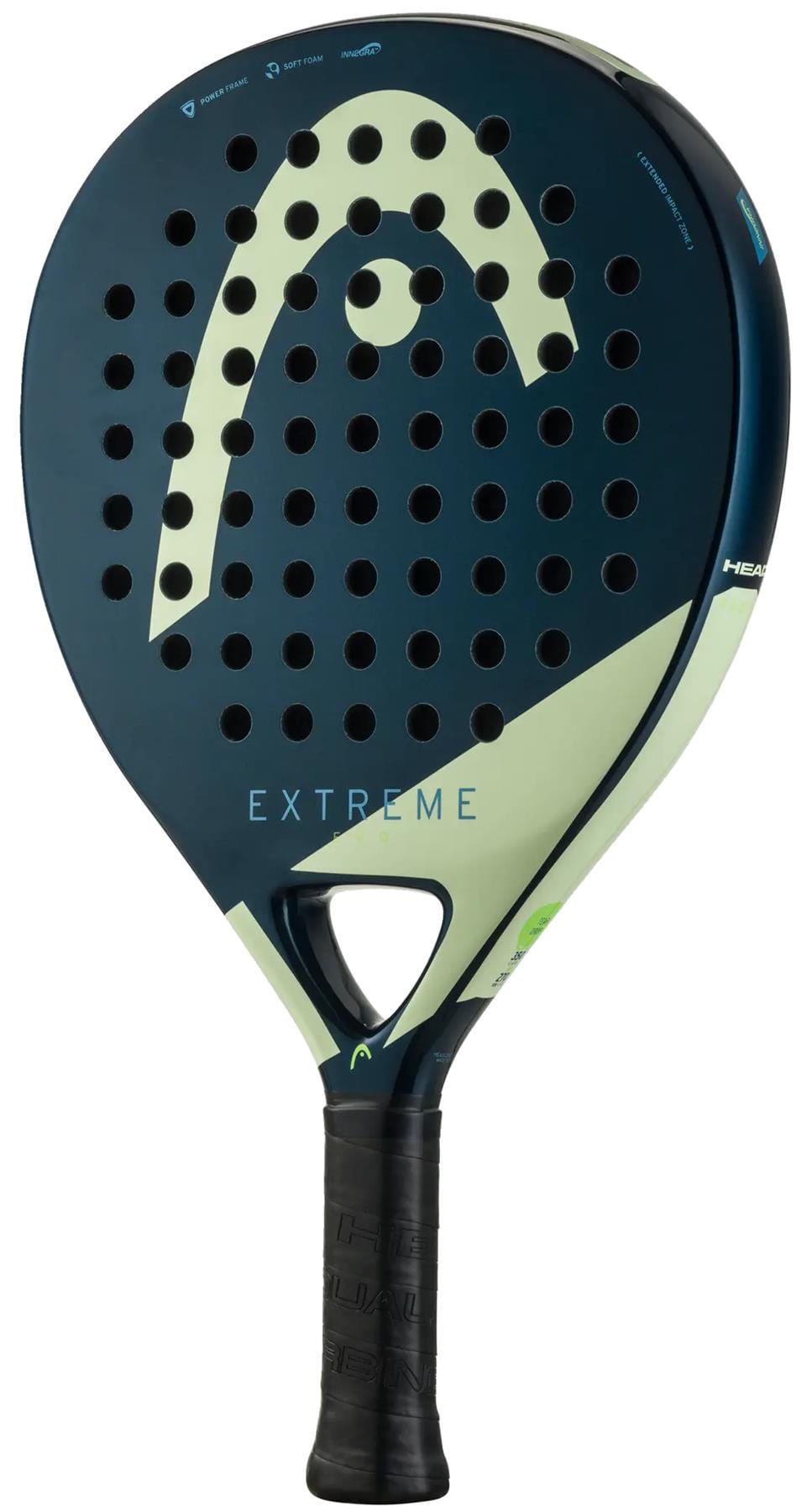 The HEAD Evo Extreme 2025 Padel Racket - Blue / Green features a perforated face, "EXTREME" on the front, and a black grip handle—ideal as a comfortable beginner racket.