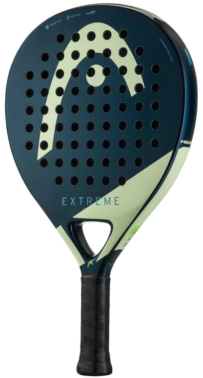 The HEAD Evo Extreme 2025 Padel Racket - Blue / Green features a perforated face, "EXTREME" on the front, and a black grip handle—ideal as a comfortable beginner racket.