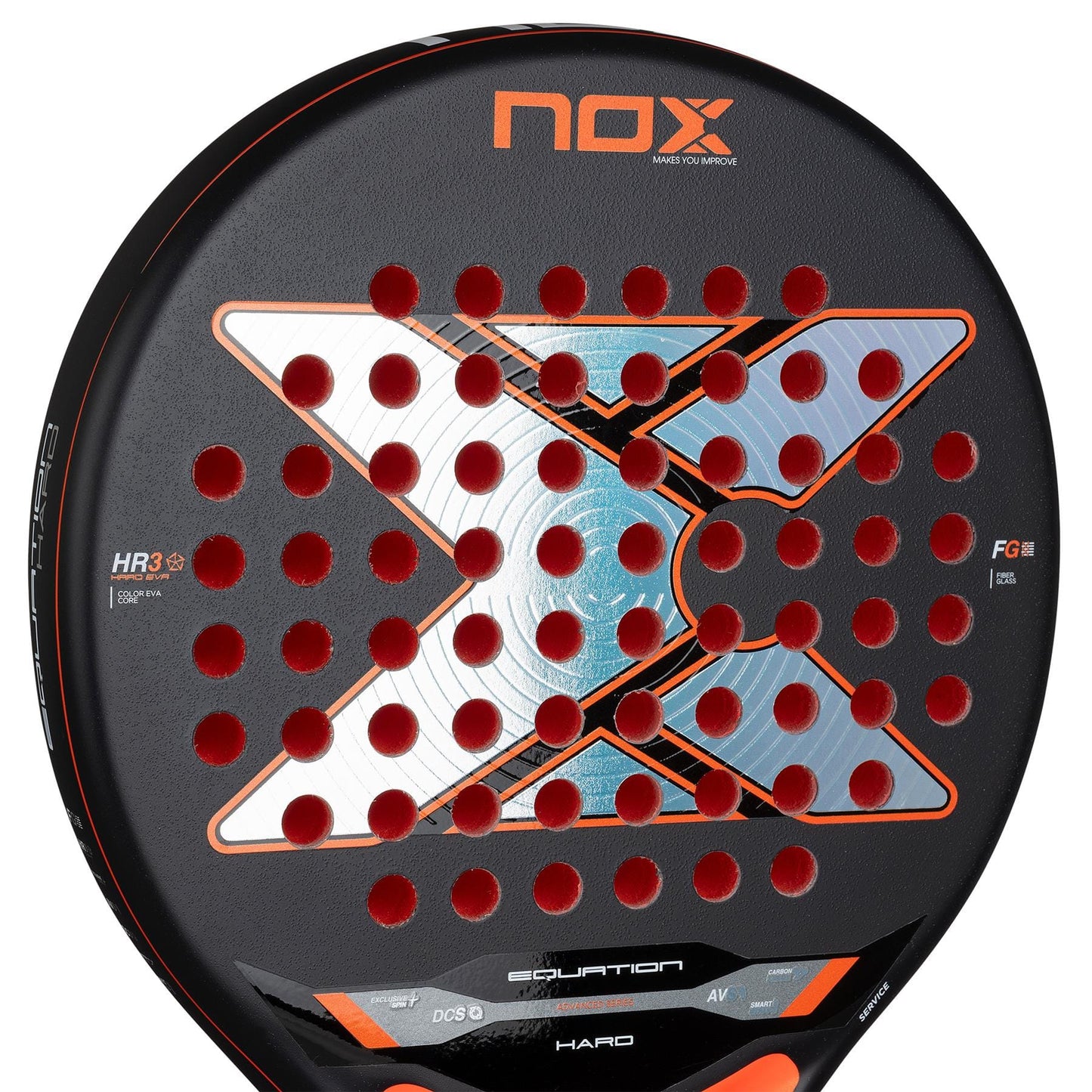 Close-up of the NOX Equation Hard Advanced 2026 Padel Racket featuring a black base, red accents, central "X" pattern, and evenly spaced red holes. Logos highlight its advanced anti-vibration system on the surface. Brand: NOX.