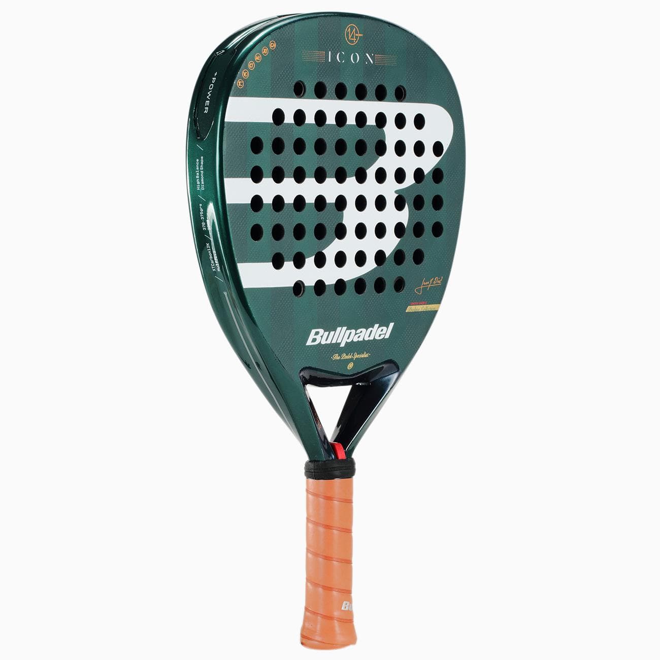 The Bullpadel Icon 2026 Padel Racket - Green by Bullpadel, inspired by Juan Martín Díaz, features a large white logo, black perforations, and an orange grip, displayed upright against a white background.