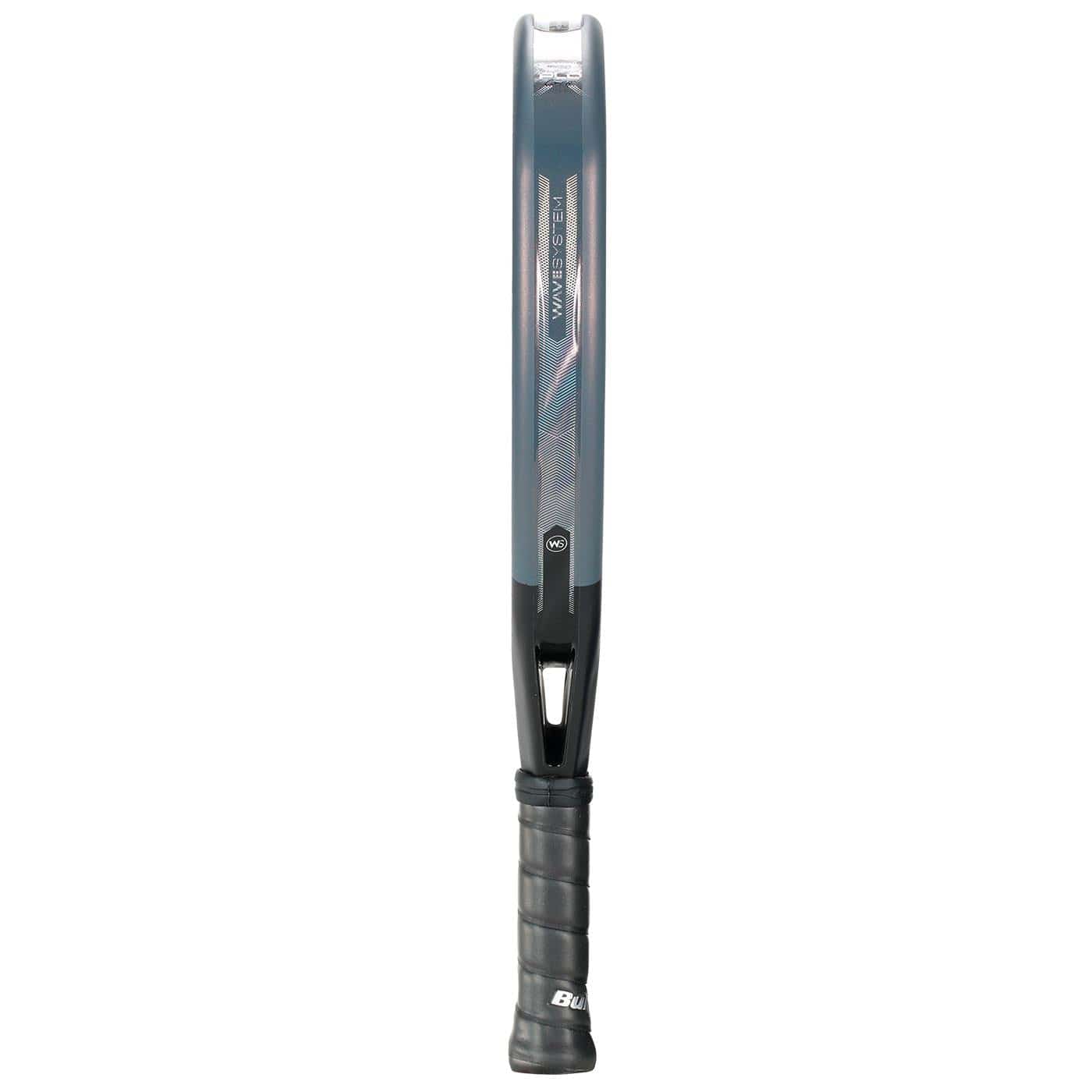 The Bullpadel XPLO Comfort 2026 Padel Racket in grey, from Bullpadel, features a thin profile, stylish black and grey design, and a wrapped black handle—engineered for explosive power and superior comfort.