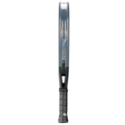 The Bullpadel XPLO Comfort 2026 Padel Racket in grey, from Bullpadel, features a thin profile, stylish black and grey design, and a wrapped black handle—engineered for explosive power and superior comfort.