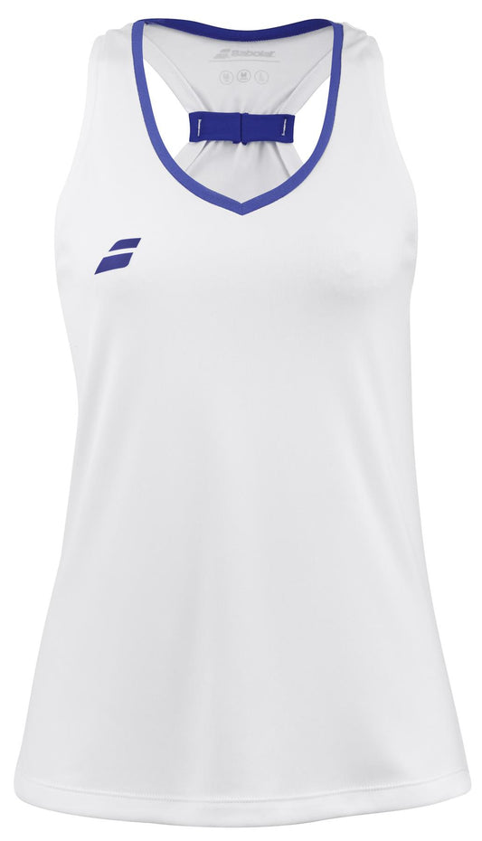 This Babolat Play Women's Padel Tank Top in white is designed with a sleeveless cut and features blue trimming around the neckline, complemented by a stylish blue bow detail on the back. Made from Fiber Dry-polyester, it also includes a small blue logo on the front left side, adding a chic touch to your athletic ensemble.