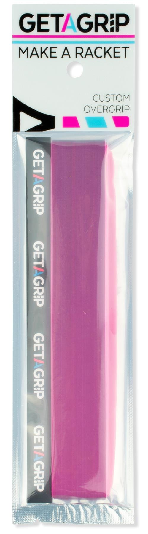 The Get a Grip Padel Overgrip - Cascade by Get A Grip features a pink overgrip and black "GET A GRIP" strip, designed for moisture absorption, in clear packaging with a white and pink top label.