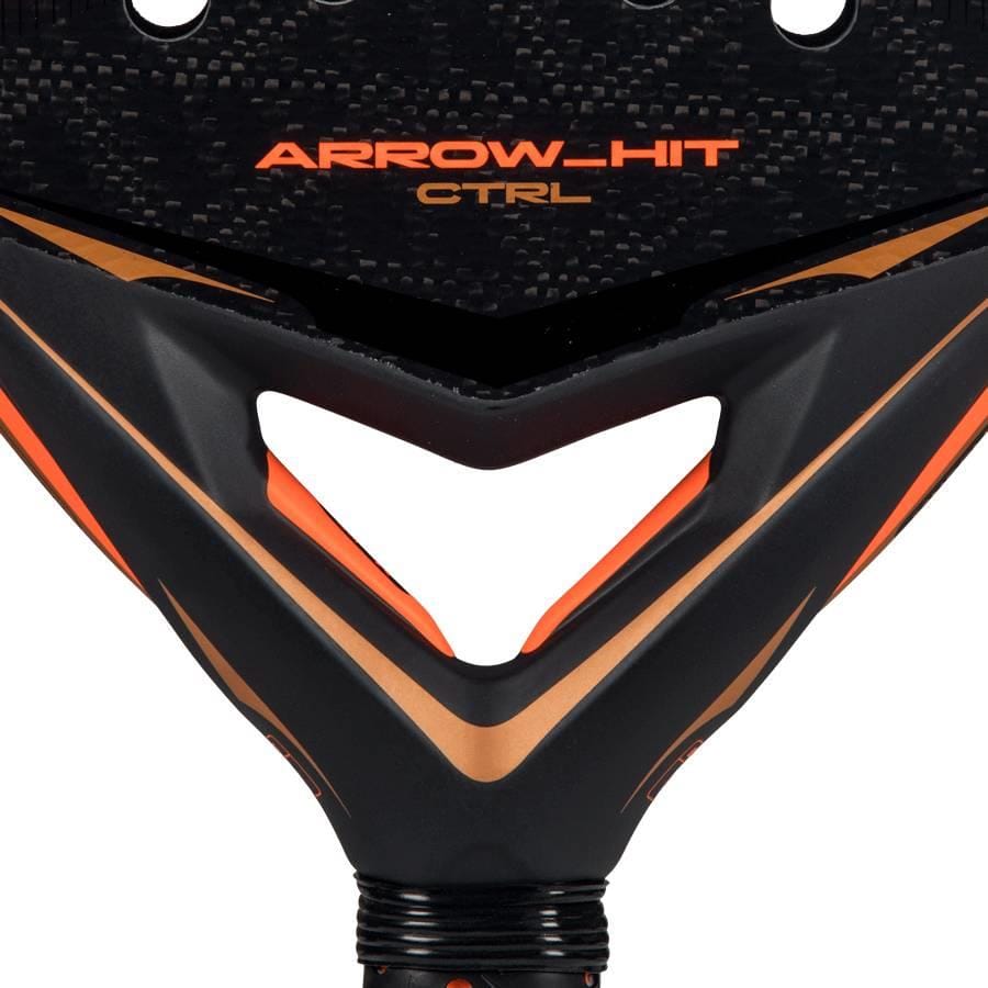 Close-up of the adidas Arrow Hit CTRL 2026 Padel Racket, highlighting its modern design, textured surface, and intelligent balance system with "ARROW_HIT CTRL" boldly printed near the top.