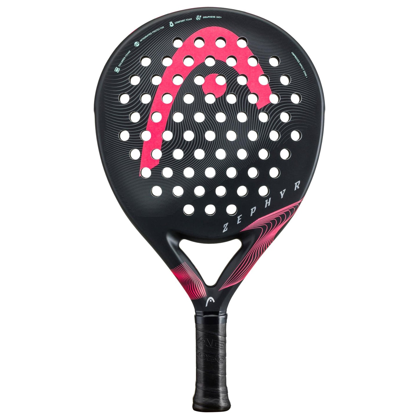 The HEAD Zephyr 2023 padel racket, from the renowned brand HEAD, showcases an eye-catching black and pink design with a circular, perforated face. Enhanced with Power Foam and Graphene 360+ technology for superior performance, it features the brand’s logo prominently in pink and "Zephyr" stylishly inscribed in white above the black grip.