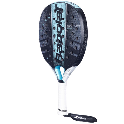 A close-up of the Babolat Stima Energy Padel Racket in Black and Turquoise highlights its sleek design, showcasing the precision and innovation that distinguish it on the court.