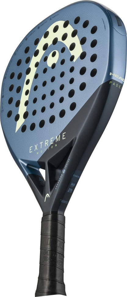 The HEAD Extreme Motion 2025 Padel Racket - Blue features the HEAD logo, "EXTREME" branding, specs on the face, multiple round holes for power play, and a black grip handle.