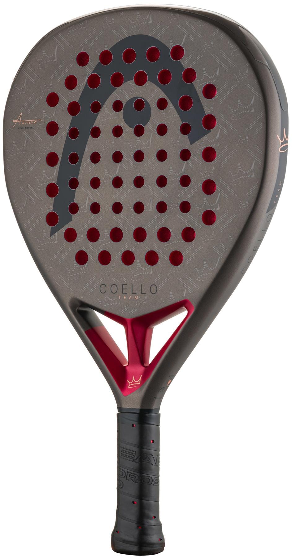 The HEAD Coello Team 2026 Padel Racket by HEAD features a gray and black design with red accents, circular holes, "COELLO" on the face, and a black grip tape handle. Part of the Arturo Coello collection.