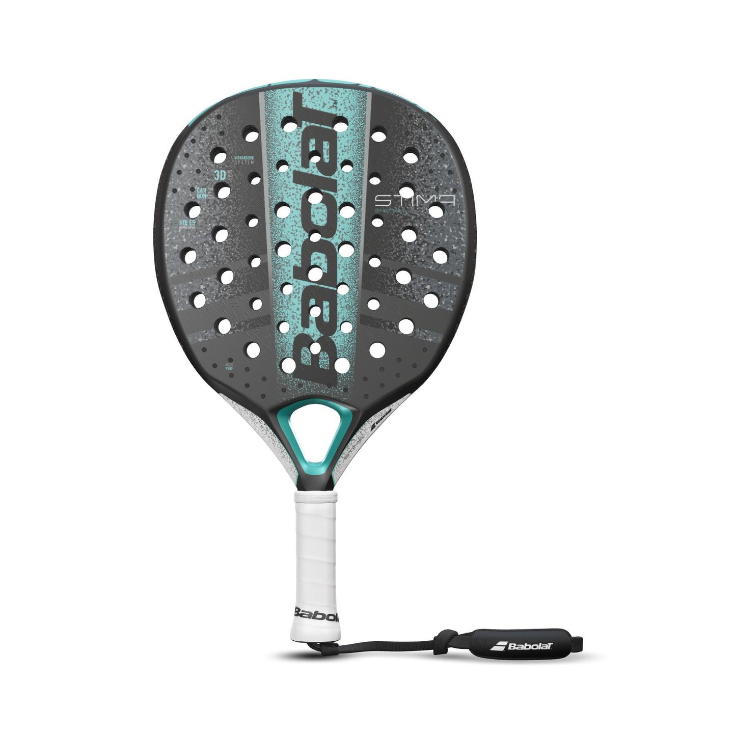 The Babolat Stima Energy Padel Racket in black and turquoise incorporates a lightweight design with gray elements and turquoise accents. The brand name Babolat is prominently displayed on its surface. This racket features a perforated structure, complemented by a white grip and an attached wrist strap to enhance your performance on the court.