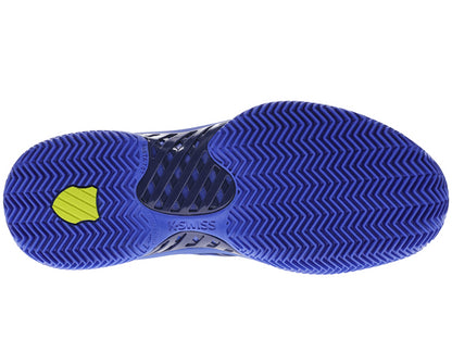 The image displays the sole of a performance-focused sneaker from K-Swiss, crafted specifically for indoor court activities. The K-Swiss Express Light 3 HB Men's Padel Shoes in Dazzling Blue, Estate Blue, and Evening Primrose feature a blue sole with DuraWrap Flex arranged in a herringbone pattern. Additionally, there's a small yellow accent near the heel area that includes an engraving of "K-Swiss.