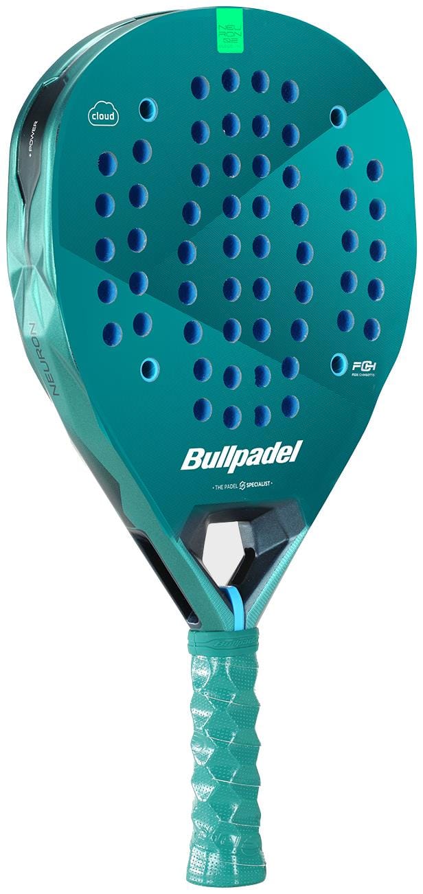 The Bullpadel Neuron 02 Cloud 2026 Padel Racket features a perforated face, black edge detailing, and a textured teal grip for enhanced control, all showcased against a white background.