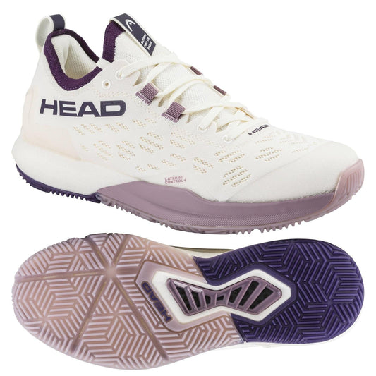 The HEAD Motion Pro 1.5 Womens Padel Shoes in Chalk White/Purple feature mesh details, purple accents, and a textured sole, shown from a side angle.