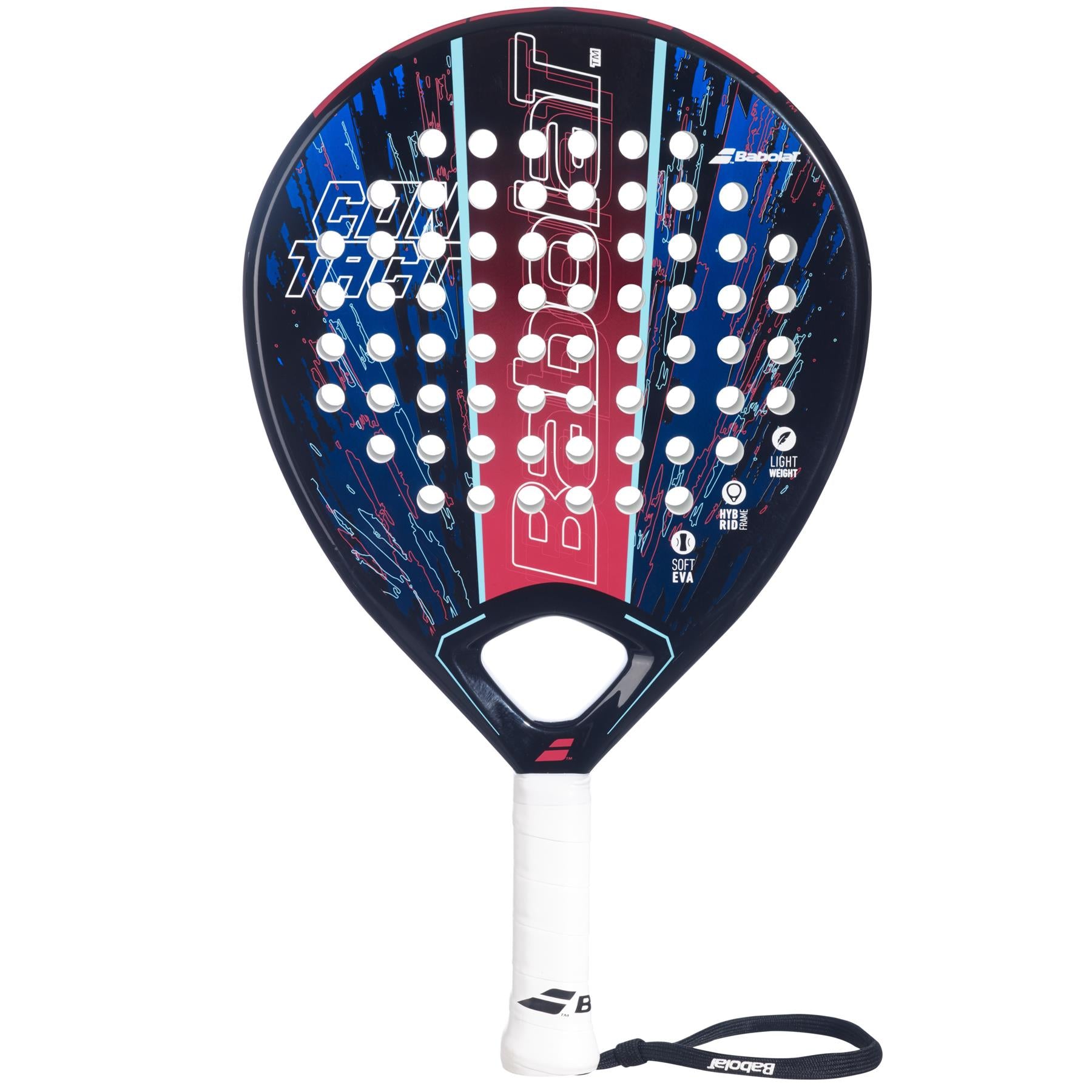 The Babolat Contact Padel Racket, designed for beginner padel players, showcases a vibrant black and blue color scheme with a white handle. Its numerous round holes offer superior control on the court. The "Babolat" brand is prominently displayed on the face, and it includes a wrist strap for added security.