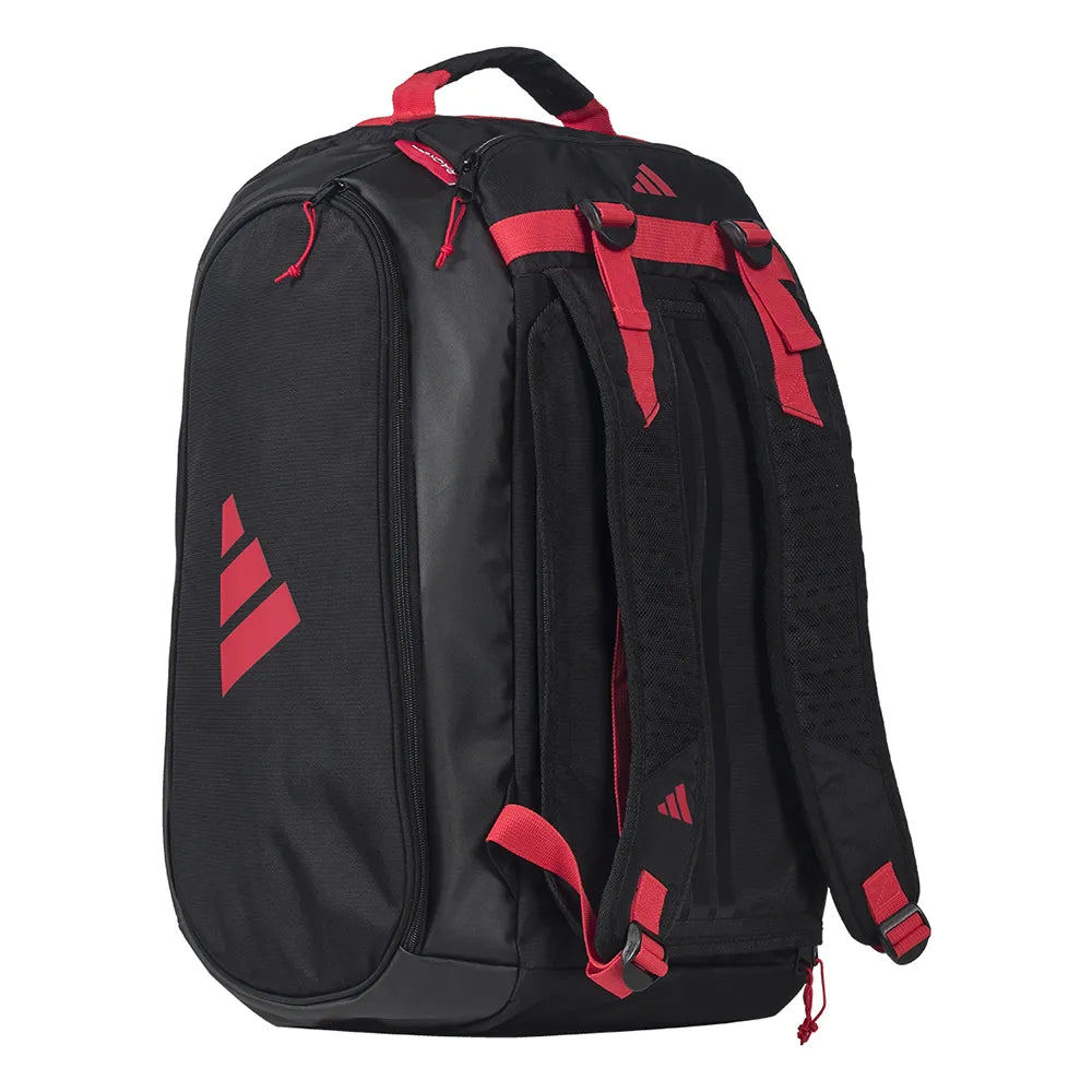 The adidas Tour 3.4 Padel Racket Bag - Black features red zippers, straps, and logo accents, visible padded shoulder straps, thermal insulation, and a sleek sporty design. Shown upright.
