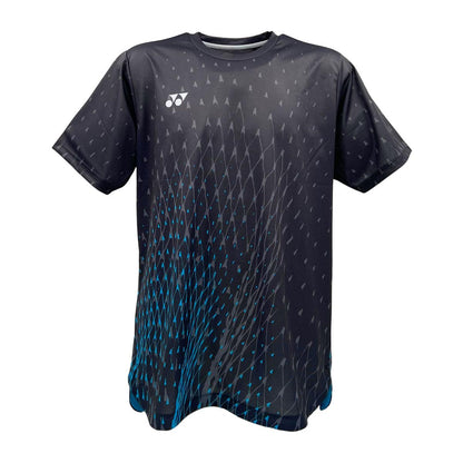 Explore the Yonex YTM6 Men's Padel T-Shirt in Shadow Black, showcasing a sleek design with a blue gradient triangle pattern. Made from moisture-wicking polyester, this short-sleeve tee keeps you comfortable and dry, and features a small white logo on the upper left side.