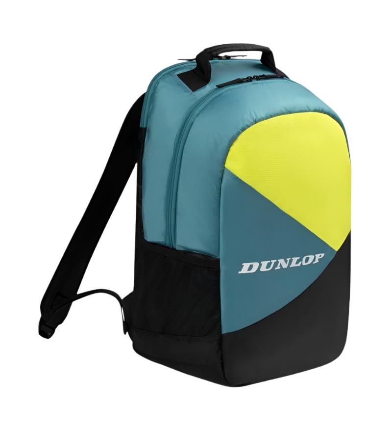 Introducing the Dunlop SX Club Badminton Backpack in teal, black, and yellow: a stylish accessory with padded backpack straps for comfort and a top handle. The brand "Dunlop" is prominently displayed on the front, enhancing its design.