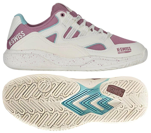 The K-Swiss Tura Team Women's Padel Shoes in white, pink, and turquoise feature a white base with pink accents and light blue details. These versatile padel shoes have a pink mesh upper with white overlays and a sole that offers excellent court grip with pink and blue highlights.