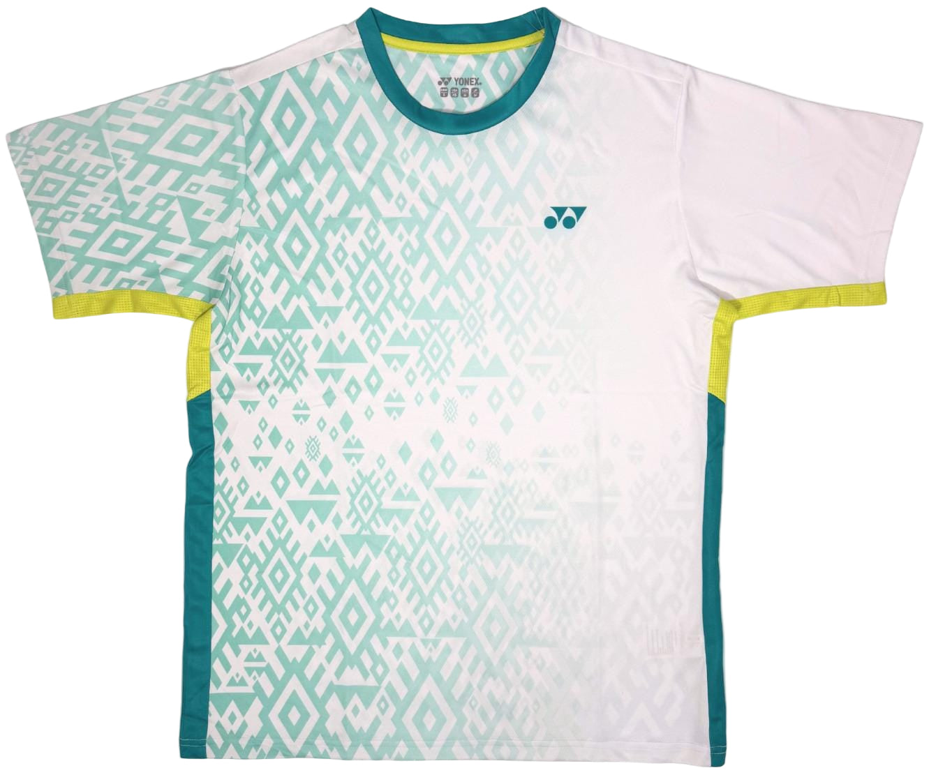 The Yonex YTM11 Mens Padel T-Shirt - White features a geometric teal and white pattern, quick-dry Air-Release fabric, white sleeves, yellow collar and side accents, and a small Yonex logo on the left chest.