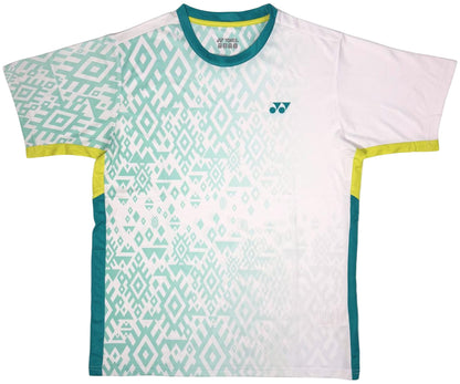 The Yonex YTM11 Mens Padel T-Shirt - White features a geometric teal and white pattern, quick-dry Air-Release fabric, white sleeves, yellow collar and side accents, and a small Yonex logo on the left chest.