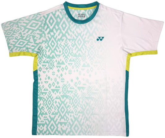 The Yonex YTM11 Mens Padel T-Shirt - White features a geometric teal and white pattern, quick-dry Air-Release fabric, white sleeves, yellow collar and side accents, and a small Yonex logo on the left chest.
