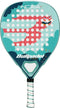 The Bullpadel INDIGA Junior Girls 2026 padel racket features a turquoise and teal design with a cartoon red dragon on the face, white eyes and sharp teeth, plus a white grip on the handle.