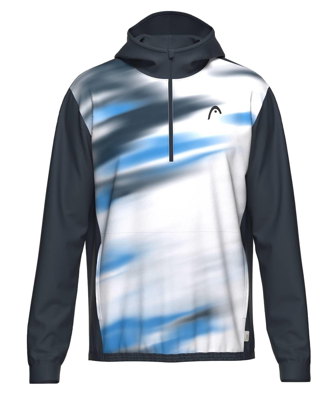 The HEAD Topspin Mens Padel Hoodie - NVXU by HEAD is a sportswear must-have with dark sleeves and hood, a white front accented by blue and gray streaks, moisture-wicking microfibre, and a small black logo on the left chest.