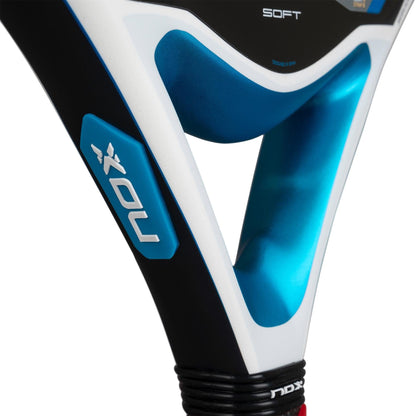 A close-up of the NOX Equation Soft Advanced 2026 Padel Racket by NOX, showcasing its advanced anti-vibration system for smoother gameplay.