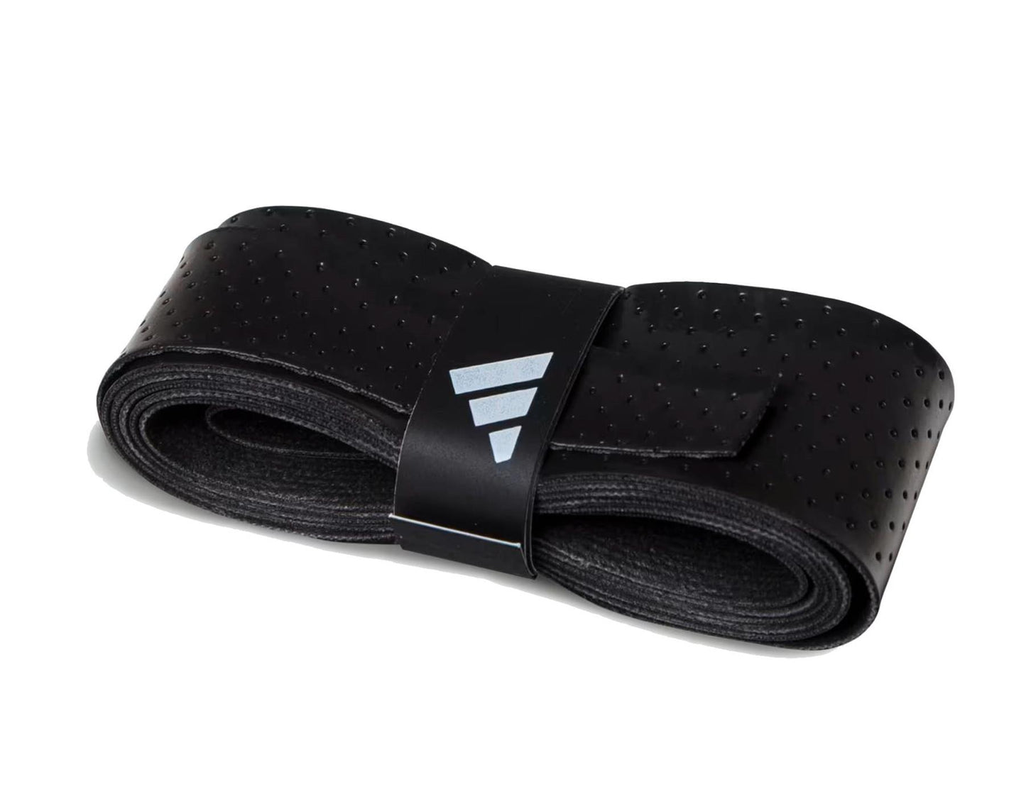 The ADIDAS Padel Overgrips (3 Pack) - Black by adidas features coiled black overgrips with micro-perforations for comfort and performance, plus a black band with a silver geometric adidas logo, all shown on a white background.