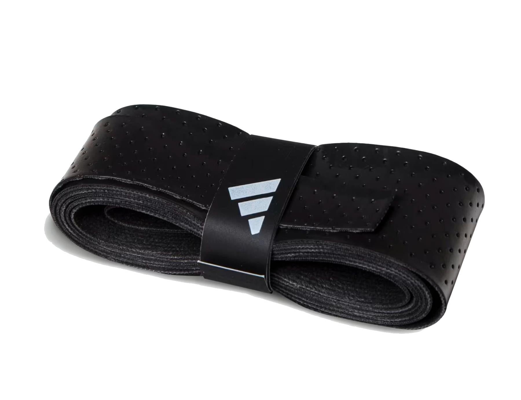 The ADIDAS Padel Overgrips (3 Pack) - Black by adidas features coiled black overgrips with micro-perforations for comfort and performance, plus a black band with a silver geometric adidas logo, all shown on a white background.