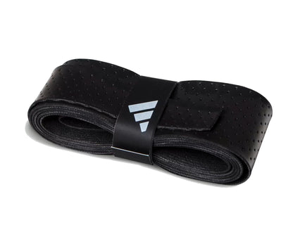 The ADIDAS Padel Overgrips (3 Pack) - Black by adidas features coiled black overgrips with micro-perforations for comfort and performance, plus a black band with a silver geometric adidas logo, all shown on a white background.