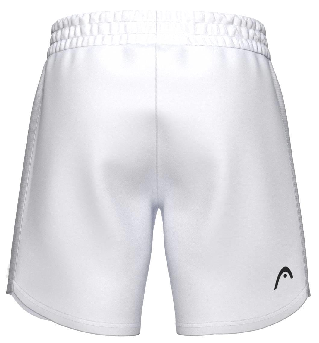 HEAD Power Men's Padel Shorts in white, viewed from the back, feature an elastic waistband, a small black HEAD logo on the lower right leg, and moisture-wicking fabric for breathable comfort.