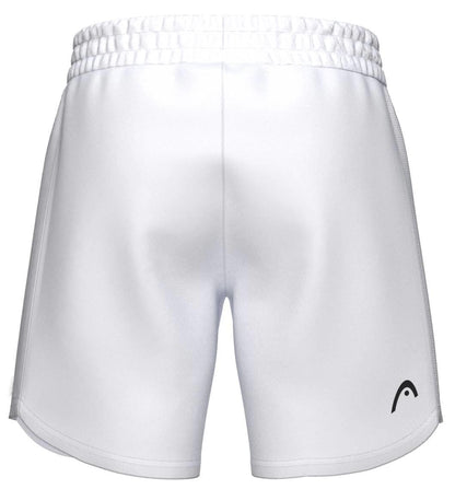 HEAD Power Men's Padel Shorts in white, viewed from the back, feature an elastic waistband, a small black HEAD logo on the lower right leg, and moisture-wicking fabric for breathable comfort.