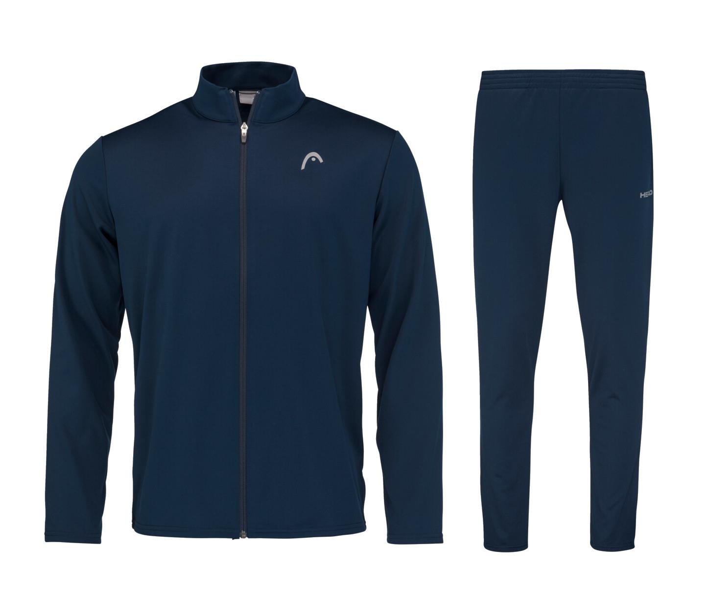 The HEAD Club Men's Easy Court Tracksuit in dark blue includes a zip-up jacket adorned with a small logo on the chest and matching pants featuring the logo on the right hip. It's crafted from polyester double knit twillback and designed with Moisture Transfer Microfiber technology, offering supreme comfort for both athletic activities and casual wear.