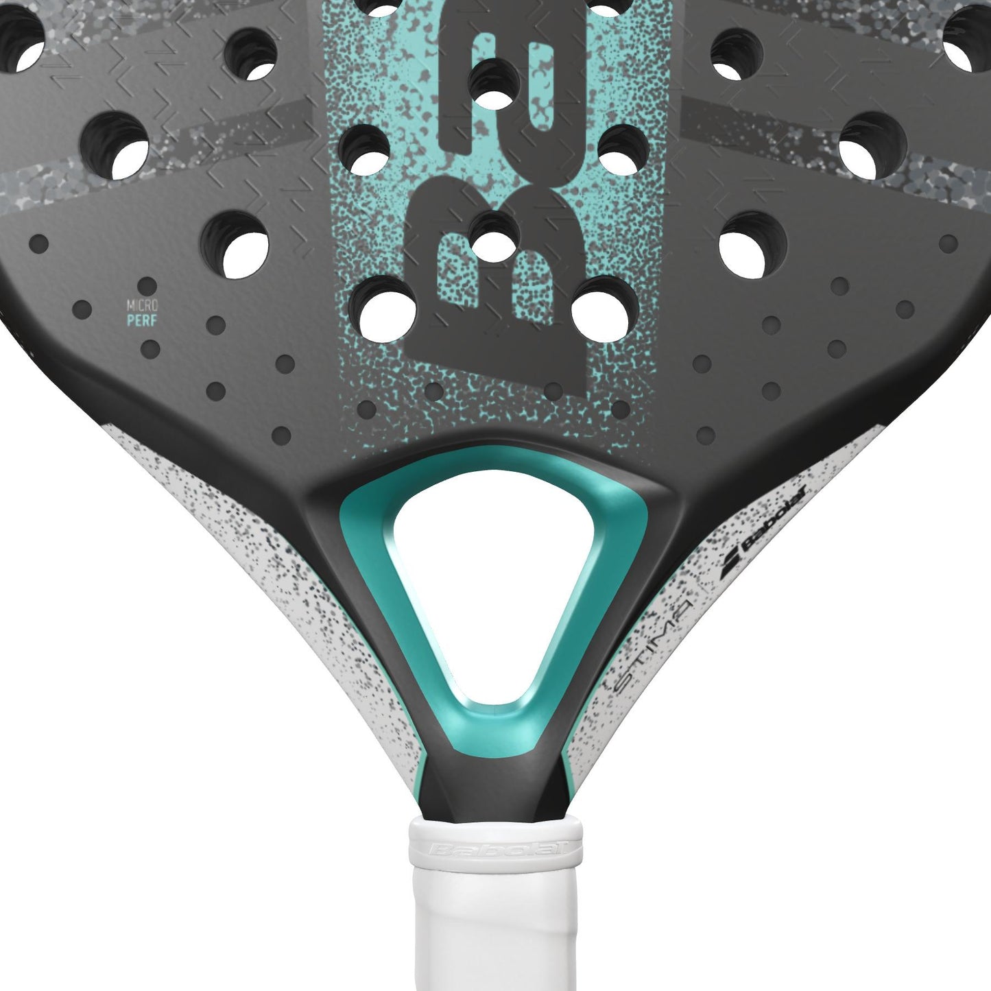 Close-up of the Babolat Stima Energy Padel Racket - Black / Turquoise reveals a lightweight racket face with a black surface, adorned with light blue and white speckles, and multiple round holes. The handle is wrapped in white with a turquoise accent near the throat.