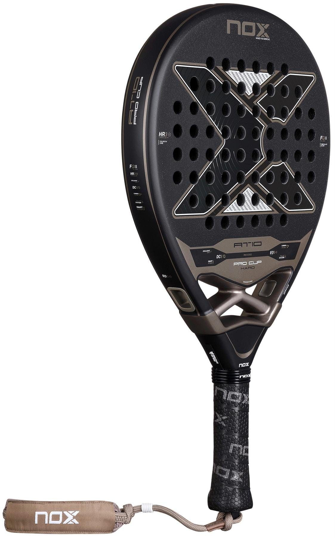 The NOX AT10 Pro Cup Hard By Agustín Tapia 2026 padel racket features a black design with a large "X", multiple face holes, textured grip, and beige wrist strap.