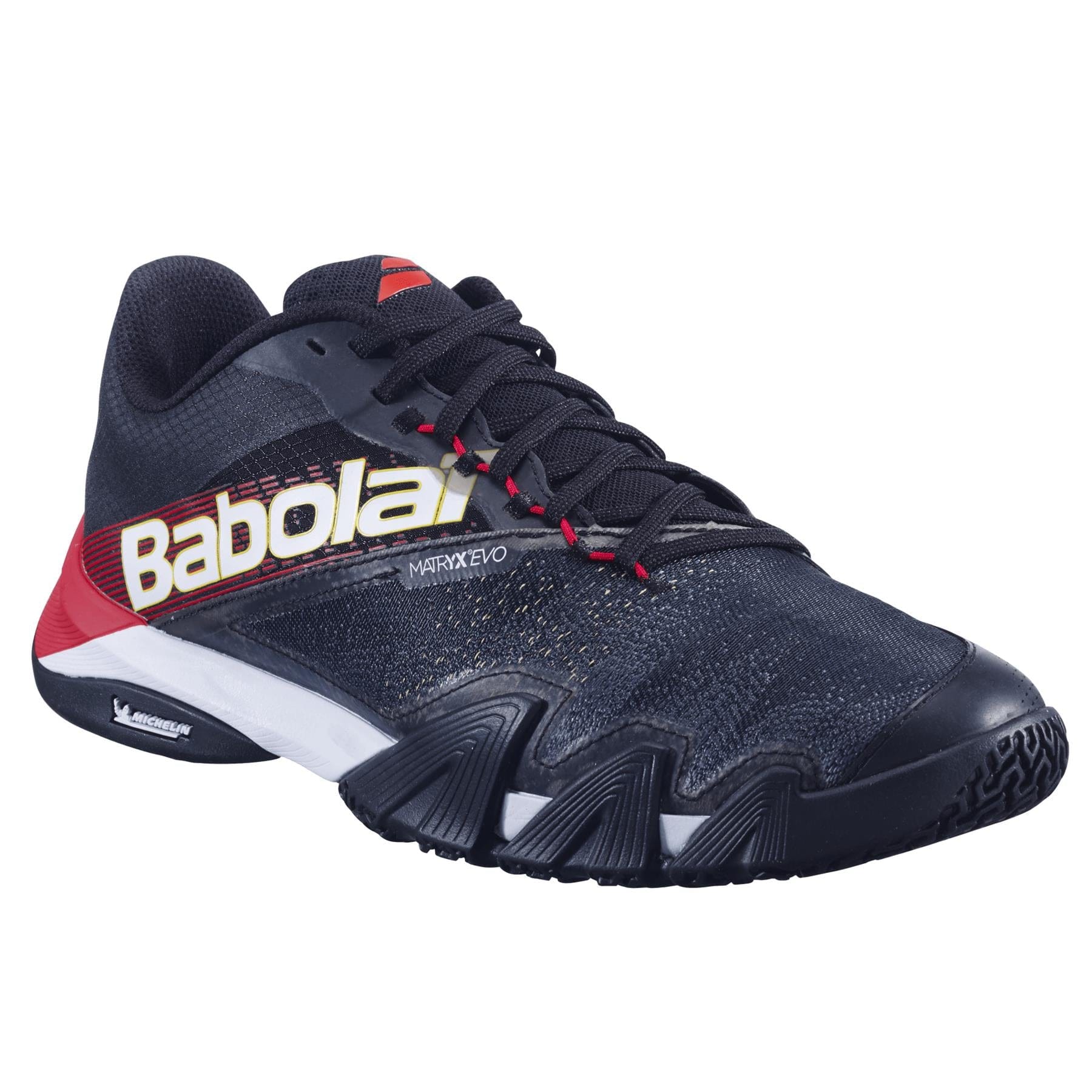 The Babolat Jet Premura 2 Mens Padel Shoes in Black/Tomato Red feature red and white accents, a side Babolat logo, and a Michelin Padel sole, designed for athletic performance.