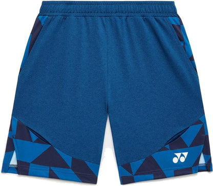 Yonex 15240YX Knit Men's Padel Shorts in Indigo Blue feature side geometric patterns, a white logo on the lower right leg, an elastic waistband, and breathable knit fabric for comfort.