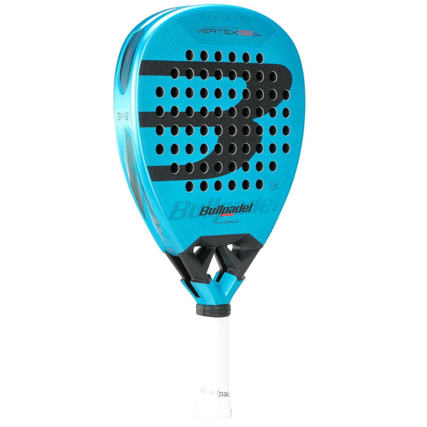 The Bullpadel Vertex 05 W 2026 Padel Racket in black and blue, featuring circular holes and a white grip, is displayed upright against a plain white background.